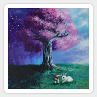 Scenery Painting Fairytale Bunny  Pink Cherry Blossom Tree Magnet